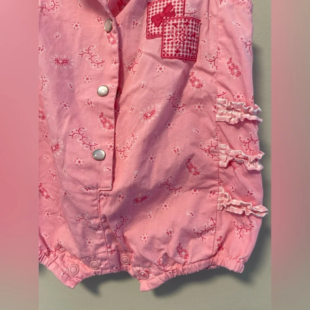 Vintage Pink Bubble Romper Cottagecore Gingham Ruffles Baby Girl Western Boho - Picture 3 of 10